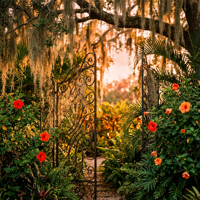 Wrought iron gate with tropical greenery in Central Florida