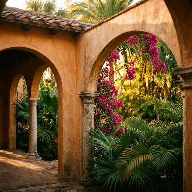 Spanish colonial architecture with bougainvillea in Central Florida