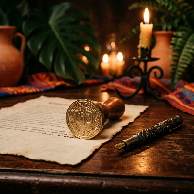 Notary seal and fountain pen on parchment