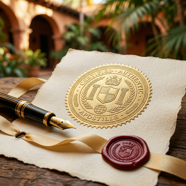 Gold apostille certification seal on parchment